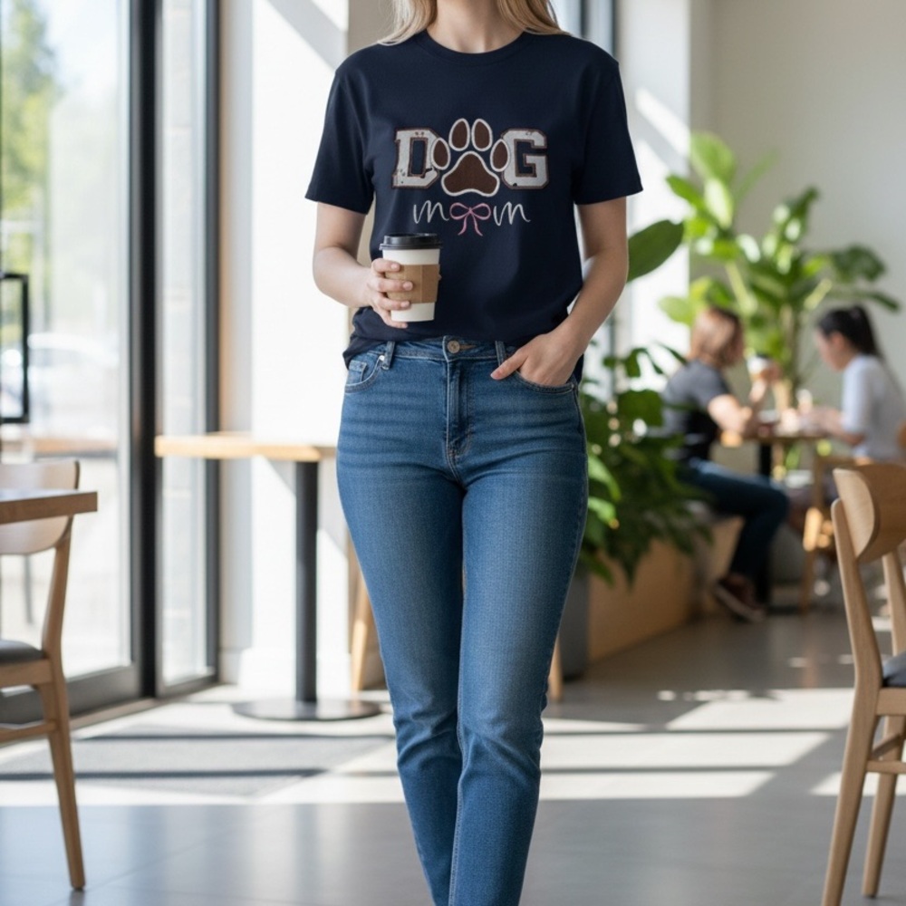 Embroidered Paw Print Dog Mom Navy Tee